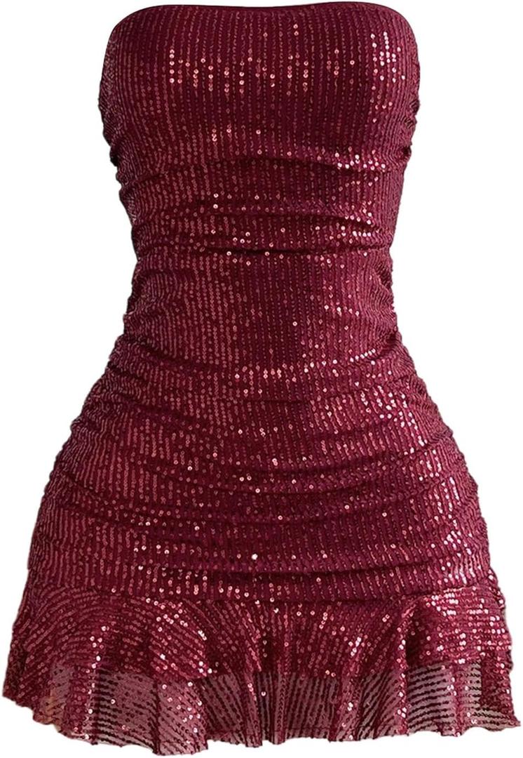 SOLY HUX Women's Sparkly Sequin Strapless Dresses Ruffle Mini Party Dress Cocktail Gowns Pure Burgundy X-Small