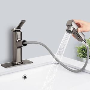 Bathroom Sink Faucet with Pull Out Sprayer, 3 Water Flow Modes Modern Bathroom Faucet with Pop-up Drain, Single Hole or 3 Hole Pull Down Bathroom Faucet (Gray)