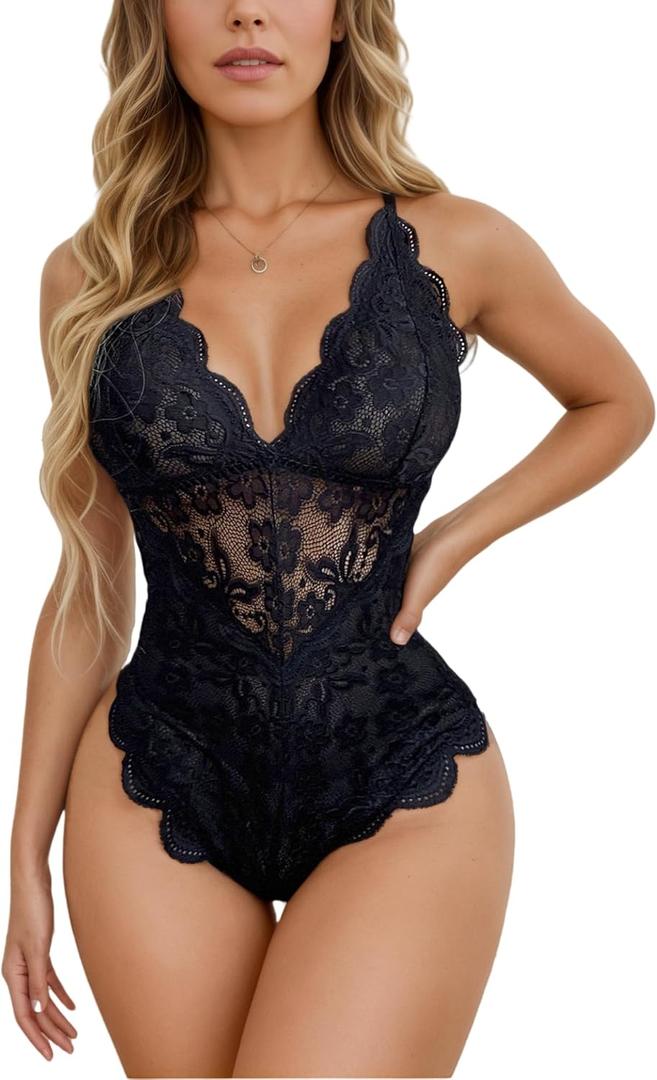 dream love Women Snap Crotch Lingerie Sexy Lace Bodysuit Deep V Teddy Sleepwear One Piece Lace Babydoll S-XXL (M)