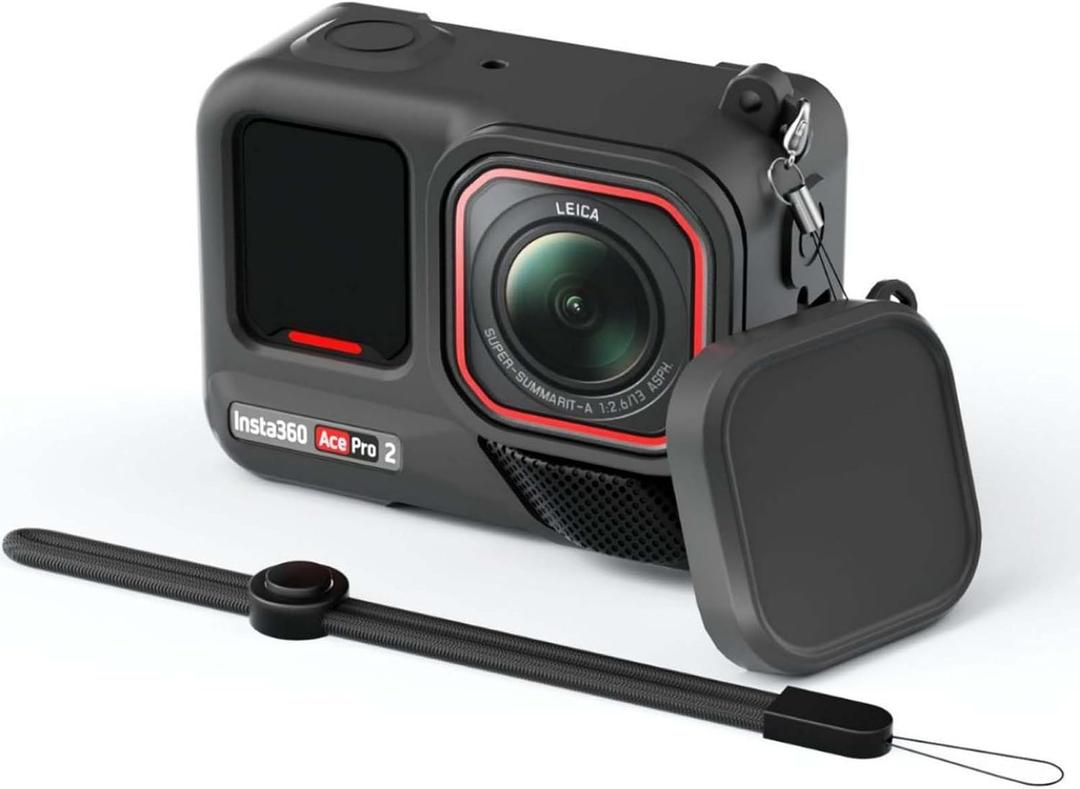 for Insta360 Ace Pro 2 Silicone Protective Case, Insta360 Ace Pro 2 case Cover with Silicone Lens Cap,with Anti-Lost Lanyard and Wrist Strap (Black)