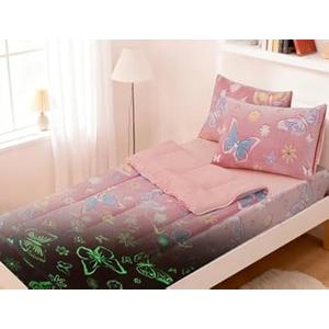 A Nice Night Colorful Butterfy Plush Zippered Comforter Set, Zipper Bedding Glow in The Dark for Child, Twin