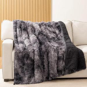 HBlife Soft Faux Fur Sherpa Weighted Blanket for Adults 12 Pounds Queen Size 60X80 Inches, 100% Oeko-Tex Certified Decorative Shaggy Fluffy Plush Reversible Fuzzy Heavy Blanket Tie Dye Grey (60X80 12lb, Grey& Black)