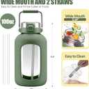 WINSA Large Glass Water Bottles with Stainless Steel Handle,100 oz Gallon Drinking Bottle with 2-in-1 Straw Lid,3 Liter Glass Water Jug with Silicone Sleeve,Wide Mouth,Olive