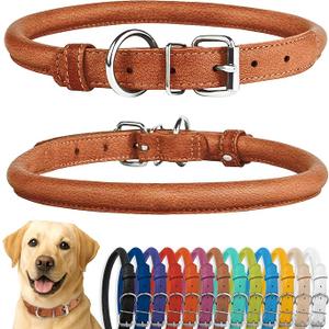 CollarDirect Rolled Leather Dog Collar, Soft Padded Round Puppy Collar, Handmade Genuine Leather Collar Dog Small Large Cat Collars Black Pink Red Purple Blue (Fits 14"-16" Neck, Brown)
