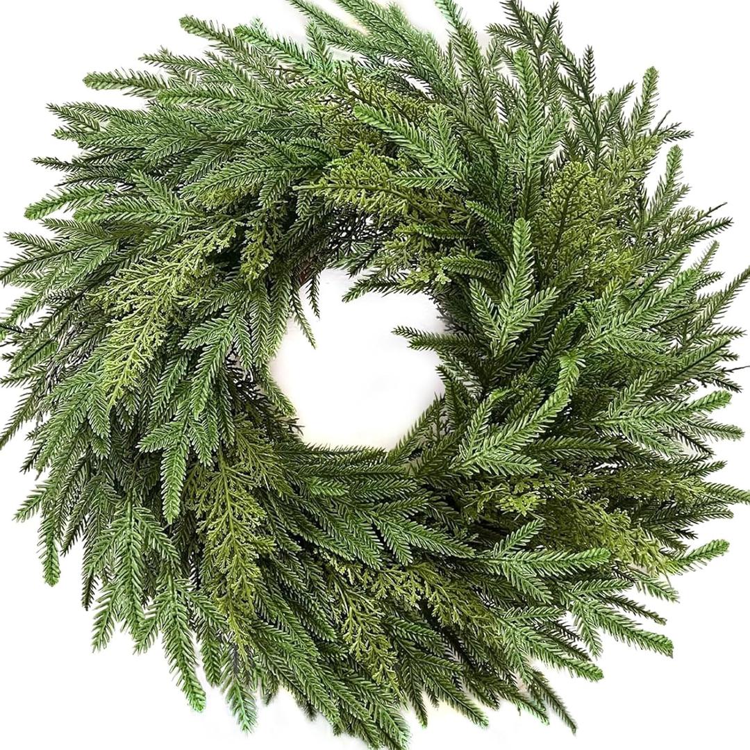 Christmas Norfolk Pine Wreath, 24 Inch Christmas Wreaths for Front Door, Real Touch Pine Wreath, Large Artificial Green Wreaths for Walls Windows Porches Farmhouse Indoor Outdoor Home Decor