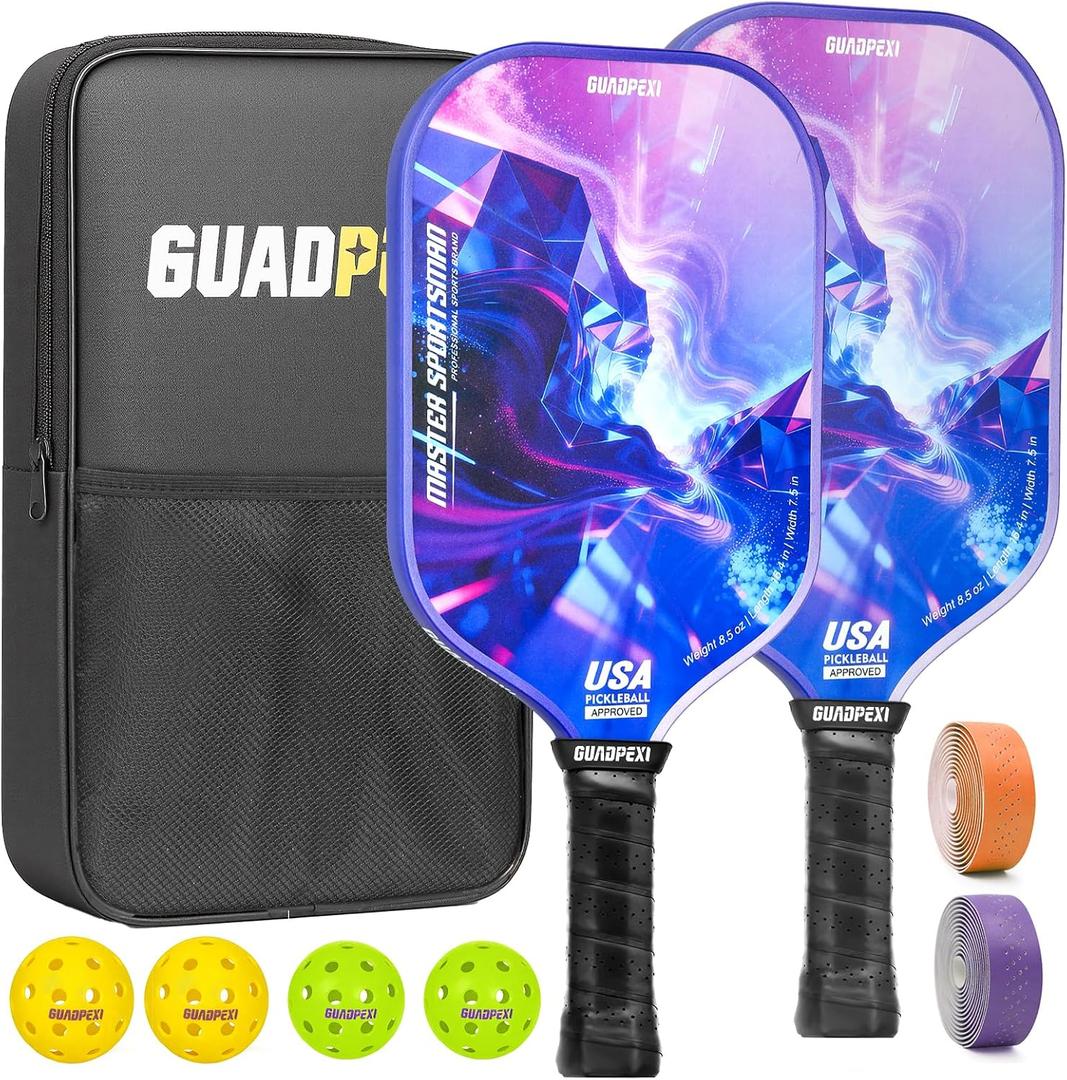 Pickleball Paddles Set 2 Pack USAPA Approved Fiberglass Pickleball Paddles with Honeycomb Core Includes 4 Pickle Balls Carry Bag & Gift Box