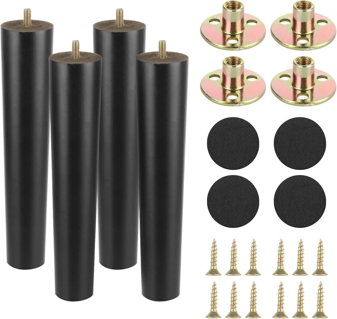 4 Pcs 12 Inch Furniture Legs, Black Solid Wood Table Legs 12 Inch, Round Couch Legs, Cabinet Legs Replacement Wood Legs for Furniture