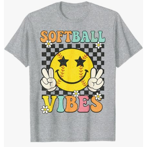 Softball Vibes Softball Smile Face Groovy Game Day Girls T-Shirt, Gray, Size L