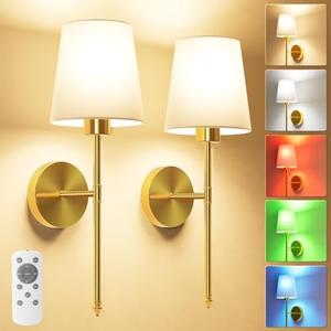 JOFIOS Battery Operated Wall Sconce Set of 2,Gold Wireless Wall Sconce with 5200mAh Dimmable Detachable Bulbs and Remote, 10 Colors Rechargeable Sconces Decor for Bedroom Living Room Hallway