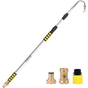 POOPLE Gutter Cleaning Tools from The Ground, 20FT Reach Telescoping Gutter Cleaner Tool, Rain Gutters Cleaning Wand with 360° Metal Head, Gutters Cleaner Hose Attachment & Connection Adapter