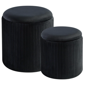 BLEXA Round Set of 2 Ottoman with Storage - Upholstered Velvet Vanity Stool for Makeup Multifunctional Ottomans Coffee Table Padded Seat Foot Rest for Living Room & Bedroom (Black)