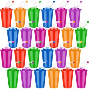 Zubebe 24 Pcs Neon Straws Cups 12 oz Colorful Neon Cups with Sipper and Lids Plastic Favor Reusable Straw for Birthday Party Events Supplies, 6 Colors