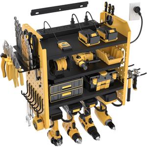 SUPERDANNY Power Tool Organizer Wall Mount with Charging Station, Adjustable 4-Tier 4 Drill Storage Shelf Garage Organization, Cordless Drill Hanger Tool Battery Holder Storage Rack with 6 AC 4 USB