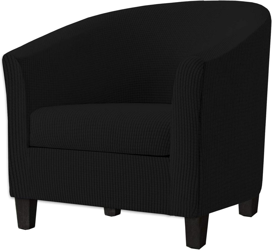 2 Piece Tub Chair Covers with Cushion Cover, Stretch Jacquard Furniture Cover,Armchair Protector Slipcover Removable Machine Washable (Black)