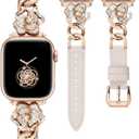 Minyee Compatible with Apple Watch Band 42/41/40/38/44/45/46/49mm Women, Dressy Slim Elegant Leather Metal Chain Strap with Bling Camellia Charms for iWatch Series 11 10 9 8 7 6 5 4 SE/Ultra 3 2 1 (Starlight/Rose Gold)