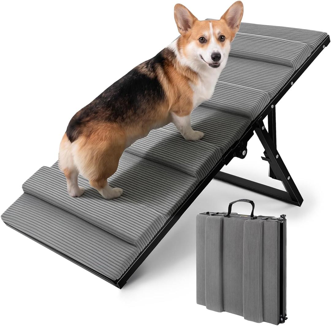 RAYKI Dog Ramp for Bed & Couch, Foldable Pet Ramp with 5 Adjustable Height Levels, Non-Slip Striped Fabric,Portable Indoor Dog Ramp for Small Dogs & Puppies, Fits 13"-18" Furniture