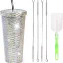 27 OZ Bling Diamond Tumbler, Glitter Tumbler with Straw and Lid, Sparkly Stainless Steel Thermal Drinking Water Cup, Rhinestone Water Bottle with 1 Pcs Brush & 4 Pcs Straw Brushes for Women