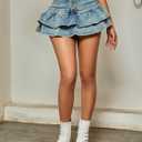 Verdusa Women's Y2K Shorts Button Front Layered Ruffled Denim Mini Skort (XL)