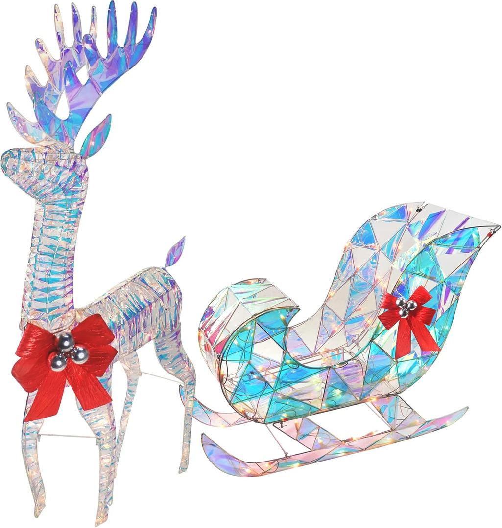 Iridescent Christmas Reindeer and Santa Sleigh Set, Lighted Christmas Yard Decoration, Perfect for Indoor or Outdoor Lawn Ornaments - 4ft w/ 140 Lights (Iridescent Santa Sleigh)