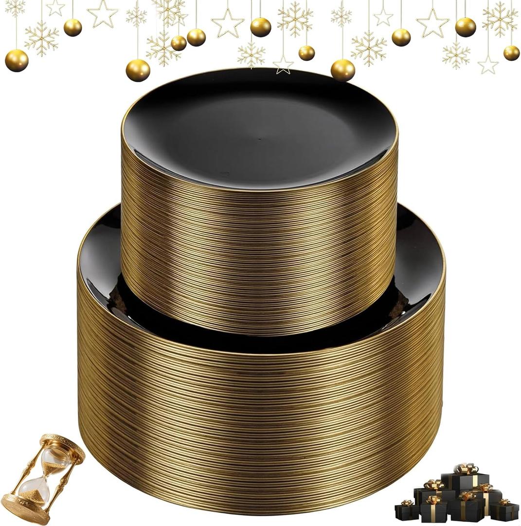 KIRE 100PCS Black and Gold Plates - Black Plastic Plates Disposable with Gold Rim for Halloween Party/Wedding/Birthday Include 50Pcs 10.25inch for Dinner and 50Pcs 7.5inch for Dessert/Salad