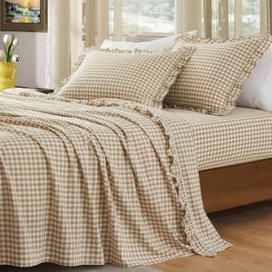 KKJIAF 4 Pieces Plaid Ruffle King Size Sheets Set, Cotton Gingham King Sheet Set Linen Feel Comfy Breathable Ruffed Plaid Bed Sheet Set with 16 Inches Deep Pocket, Taupe