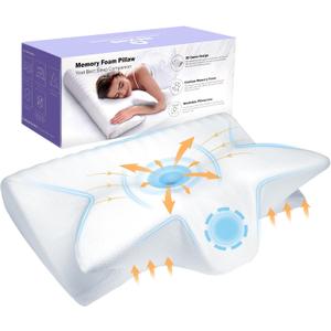 Hexus Cervical Neck Pillow for Pain Relief Sleeping, Ergonomic Memory Foam Pillows, Orthopedic Contour Neck Support Pillows with Cooling Pillowcase for Side, Back, and Stomach Sleeper, White