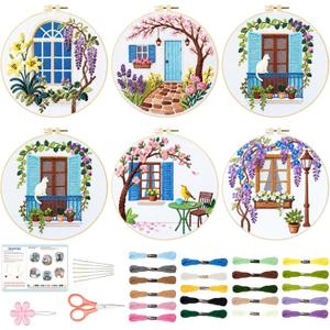 BEUNITONE Windows Flowers Embroidery Kit, 6PC Vintage Garden Scene with Birds Cat, Cottage Core Needlepoint Kits for Adults Beginners, DIY Home Decor Gift