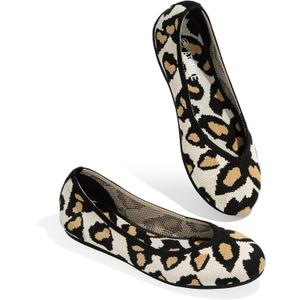 ATHMILE Women's Flat Ballet Shoes Knit Flat Shoes for Women Round Toe Slip on Women Flats for Dressy Casual Office Work Wedding Comfort Soft (10, White Leopard)