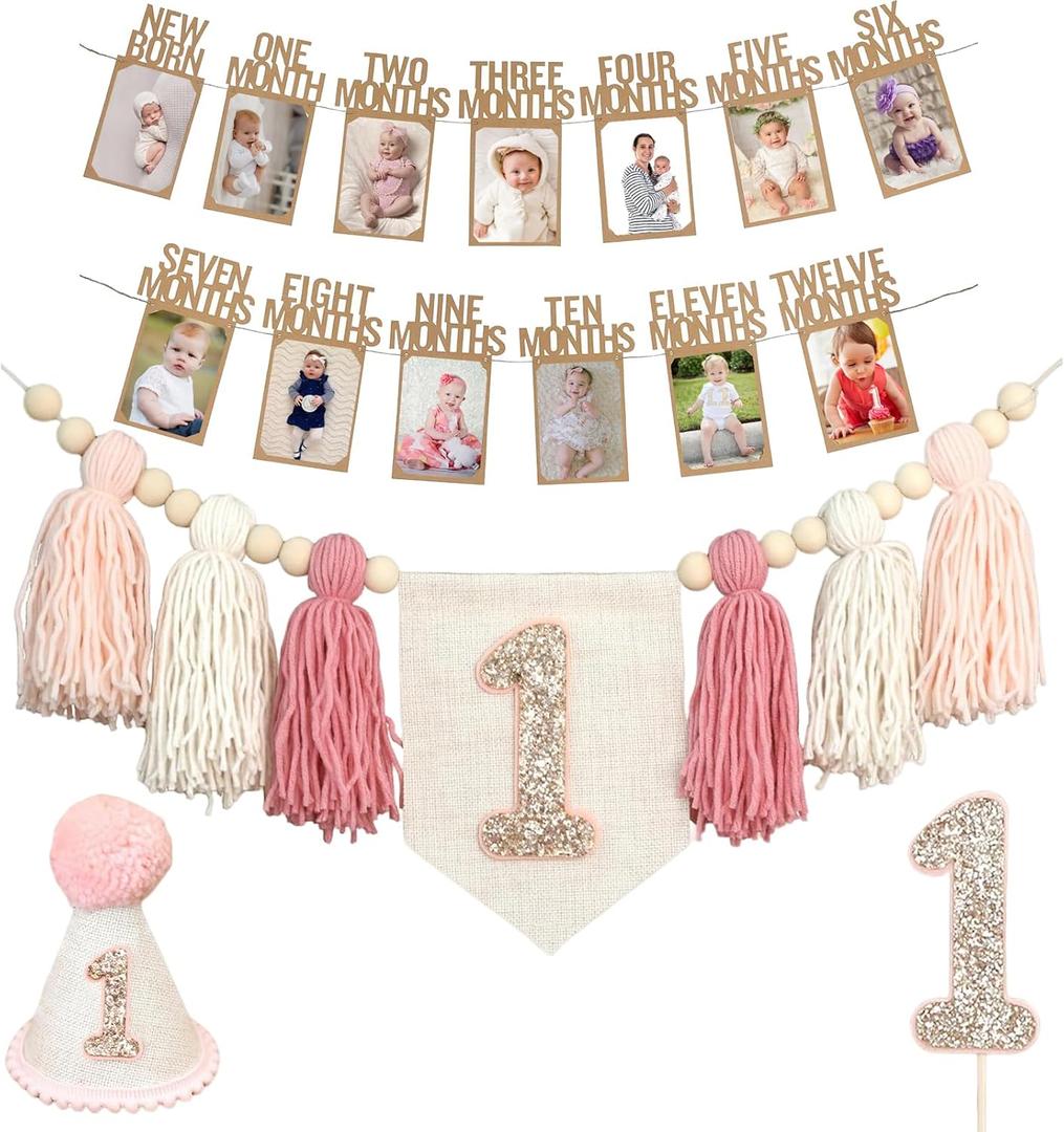 Handmade 1st Birthday High Chair Banner Birthday Decorations for Baby Boy with Garland Crown Hat Wild One Cake Topper Baby Photo Banner for Boy Wall Hangings Decorations (Pink)