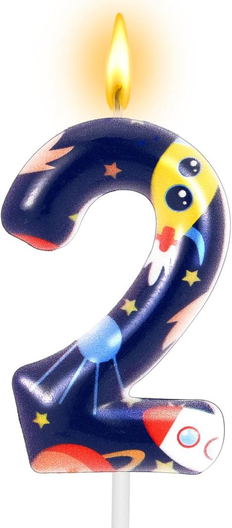 7 x Space Theme Birthday Candle Number 2 Universe Planet Rocket Spacecraft Cake Toppers for Boys Girls Kids Birthday Party Decorations