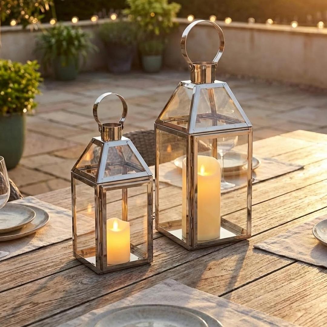 TRIROCKS Set of 2 Stainless Steel Decorative Lanterns 13"&10" H Metal Candle Holders with Tempered Glass for Home Decor Living Room Parties Events Tabletop Indoors Outdoors(Silver)