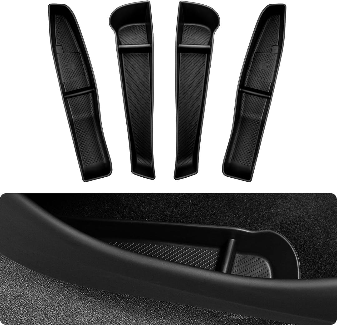4 x BASENOR 2026 Tesla Model Y Juniper Door Side Storage Box, (Emergency Button Safety) Door Side Pocket Organizer Tray, Waterproof TPE Front & Rear Slot Pocket Liners for 2025 2026 Model Y Juniper
