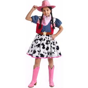 Doxrmuru Cowgirl Costume for Girls Halloween Western Rodeo Dress Up Outfit with Cowgirl Hat 3-10 Years (5-6 Years)