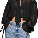 GORGLITTER Women's Ruffle Chiffon Top Tie Neck Flounce Long Sleeve Cropped Blouse Shirt (Black, Small)