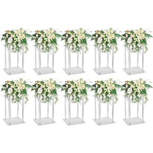 10 Pcs Acrylic Clear Vases for Wedding Centerpieces, 15.75" Tall Flower Stand, Engagement Home Party Table Decor Centerpiece Vases, Rectangular Acrylic Flower Stand with 50 Pcs Gold Napkin Rings