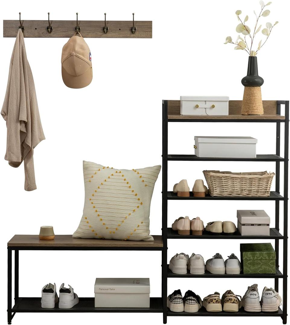 6-Tier Coat Rack Shoe Bench Set, Entryway Bench with 6 Hooks Coat Rack, Hall Tree and Shoe Storage for Entryway, Hallway, Garage, Bedroom (Vintage Grey)