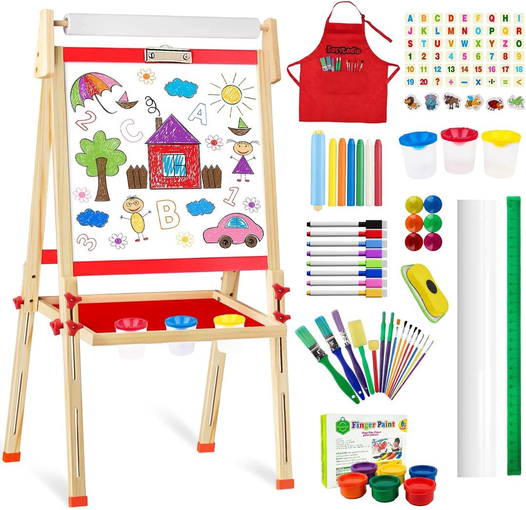 Easel for Kids, Art Easel for Kids Ages 4-8 Adjustable Double-Sided Wooden Toddler Painting Easel with Paper Roll Magnetic Whiteboard & Chalkboard Drawing Board 2-4 3-5 Boy Girl Gifts 3 4 5 Year Old