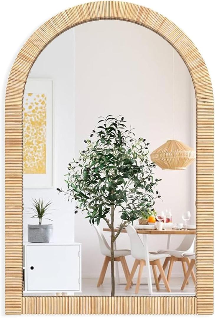 Decorative Rattan Wall Mirror, Boho Bathroom Modern Makeup Mirror, Rustic Wall Bohemia Mirrors for Bedroom, Living Room, Vanity Versatile Farmhouse, Nursery, Bathroom, 36"x24", Arched