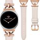 Wearlizer Leather Bands Compatible with Samsung Galaxy Watch 8 Band 40mm 44mm/Watch 8 Classic 46mm, Dressy Designer Slim Leather Strap Wristband Accessories with D-Shape Metal Buckle for Women (Starlight/Rose Gold)