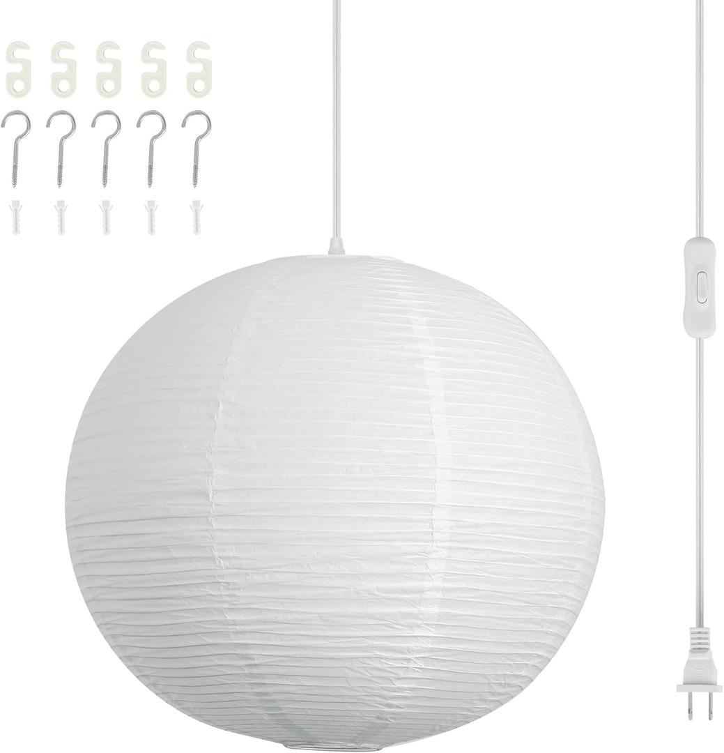 Paper Lantern Lamp Plug in Hanging Lamp, 20in White Rice Paper Pendant Light with 19.7FT Cord Large Globe Japanese Japandi Wabi Sabi Chandelier for Dining Living Room Bedroom Office 1 Pack