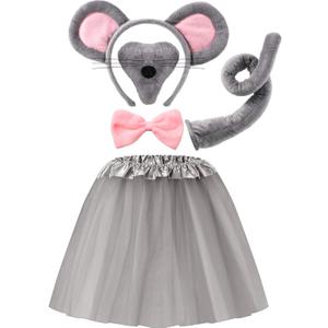 Geyoga Kids Mouse Costume Set Mouse Tutu Skirt Animal Ears Nose Bow Tie Tail Tutu Skirt Fancy Costume Accessories Halloween (Gray)