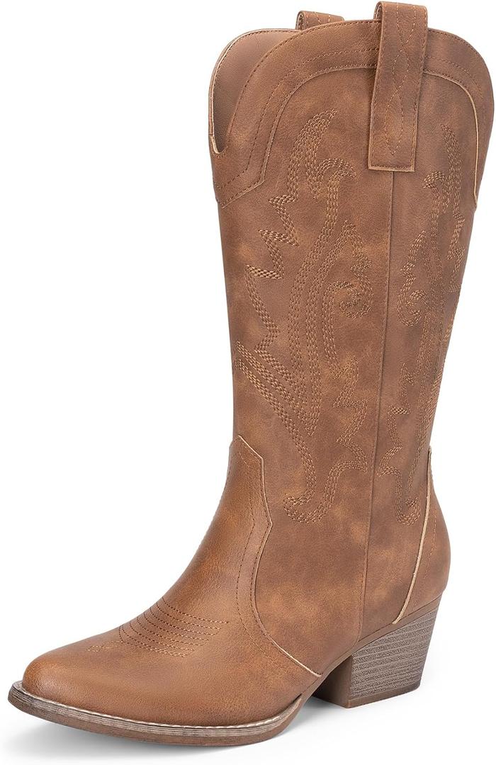 DREAM PAIRS Women's Cowboy Cowgirl Boots Embroidered Pointed Toe Low Heel Western Mid Calf Boot for Theme Party Country Concert 7.5
