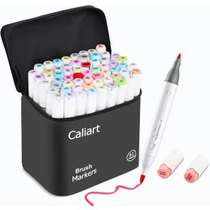Caliart Alcohol Markers Brush Tip, 61 Colors Pastel Coloring Marker Set Dual Tip Fine & Brush, with Case Permanent Alcohol Based Colored Art Pens for Adult Coloring Books Artists Drawing Gifts