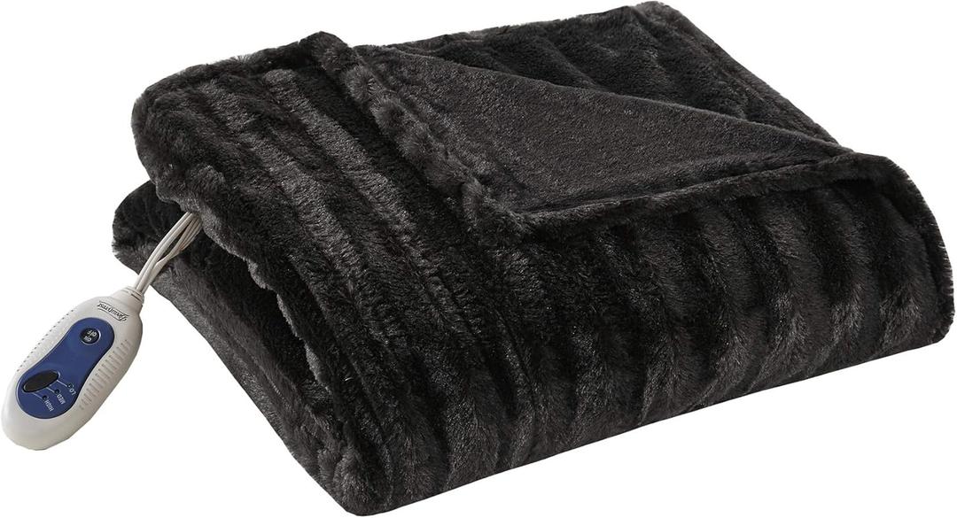 Beautyrest Duke Blanket Luxury Oversize Electric Throw Premium Soft Cozy Brushed Long Faux Fur for Bed, Couch with 3 Heat Setting Controller, Auto Shut-Off Function, Black, 50 in x 70 in