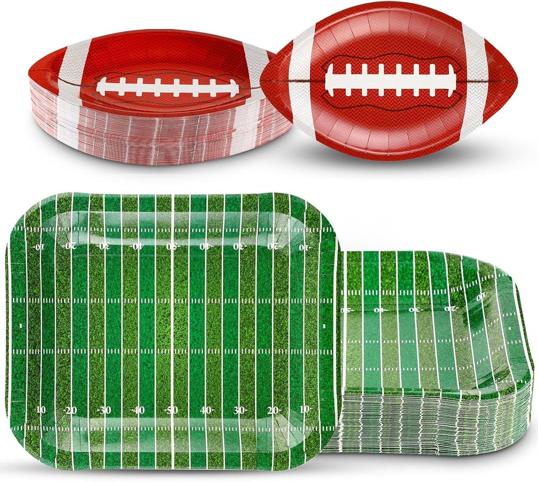 Tanlade 100 Pcs Football Paper Plates Football Party Decorations Supplies Disposable Plates Snack Nacho Platter Serving Trays for Game Day Sports Event Tailgate Party, 2 Styles