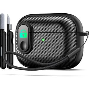 RFUNGUANGO for Airpod Pro Case (2023/2022/2019) with Lock, Carbon Fiber Black Airpods Pro 2nd Generation/1st Generation Case (USB-C/Lightning Cable) Black Switch