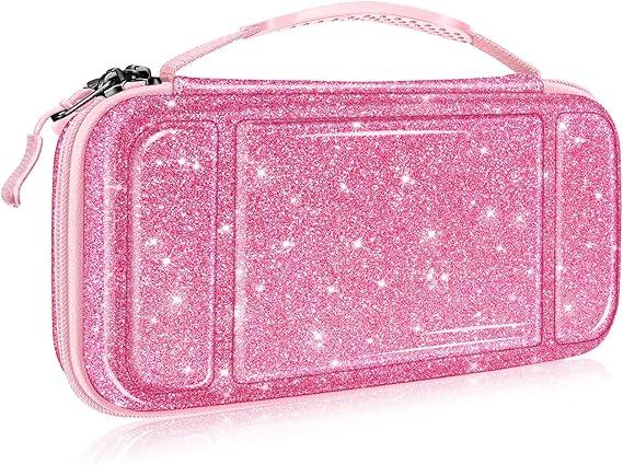 Fintie Carrying Case for Nintendo Switch OLED Model 2021/Switch 2017, [Shockproof] Hard Shell Protective Cover Travel Bag with 10 Game Card Slots & Inner Pocket (Glittering Pink)