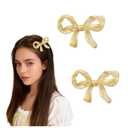 2Pcs Cute Glossy Yellow Bow Hair Clips for Women，Elegant Ajustible Sheer Ribbon Barrette，Non Slip 3D Organza Bowknot Alligator Clips for Girls School Party Wedding Prom Daily Outfit Festival Gifts