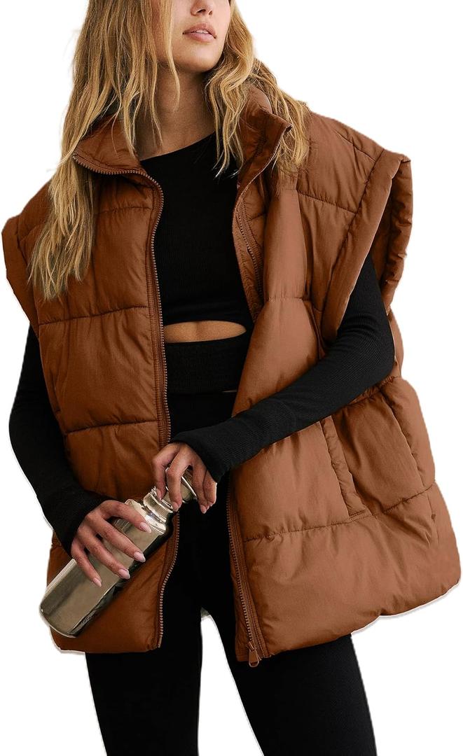 APAFES Women Winter Oversized Puffer Vest Quilted Lightweight Stand Collar Sleeveless Padded Puffy Jackets Coat with Pockets (Medium, Brown)