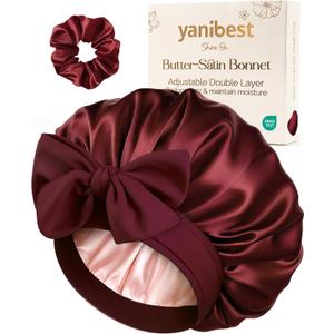 YANIBEST Adjustable Double Layer Satin Bonnet, Silk Hair Bonnet for Sleeping with Elastic Tie Curly Natural Hair Reduce frizz (One Size, Burgundy)